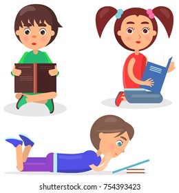 Concept of reading kids sitting, lying on floor and holding colored favorite books vector illustration isolated on white background