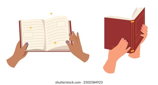 Concept of reading and literature. Education and knowledge vector concept. Hands holding books, library day.