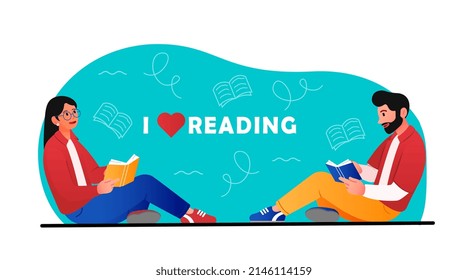 Concept of reading. Man and woman sitting with books, love for literature. Posters or banners for website, international holidays. Design for greeting cards. Cartoon flat vector illustration