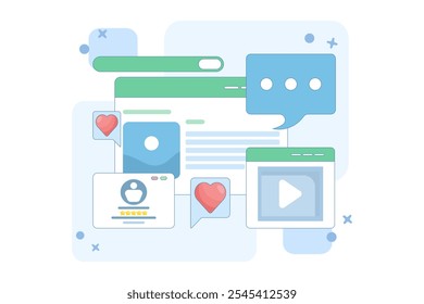 Concept of reading website content based on audience, Content ranking, Content marketing in search engines, Social media content with likes, shares and comments. Vector illustration background.