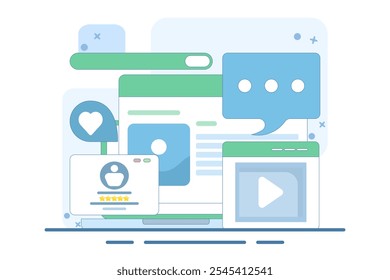 Conceito de leitura de conteúdo de site com base no público, classificação de conteúdo, marketing de conteúdo em motores de busca, conteúdo de mídia social com curtidas, compartilhamentos e comentários. Plano de fundo de ilustração de vetor.