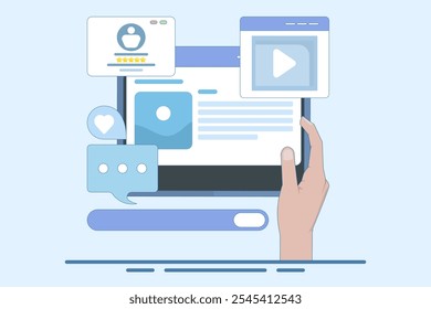 Concept of reading website content based on audience, Content ranking, Content marketing in search engines, Social media content with likes, shares and comments. Vector illustration background.