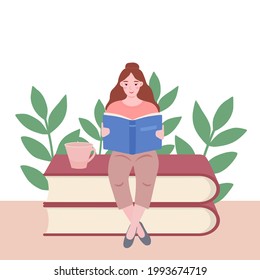 The concept of reading with a young woman sitting cross-legged. A lady with a book in her hands, leaves and a mug around her. Flat vector illustration