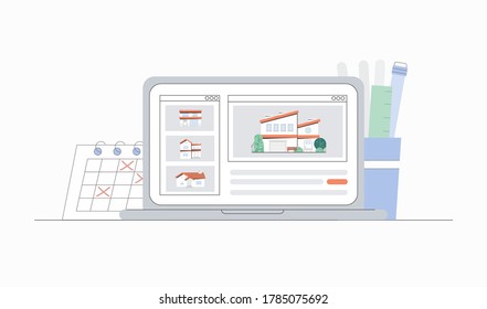 Concept real estate Agency, real estate sales online. Catalog of houses and cottages on the site on the laptop screen. Flat vector illustration.