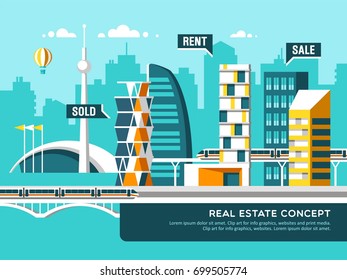 Concept of real estate business with urban landscape. Vector illustration.