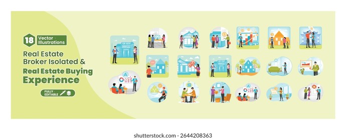 Concept real estate buying processes and broker services. Set of illustrations showing the real estate purchasing process and the broker's interaction with the buyer. Mega set.