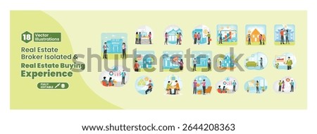 Concept real estate buying processes and broker services. Set of illustrations showing the real estate purchasing process and the broker's interaction with the buyer. Mega set.
