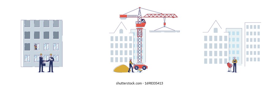 Concepto De Bienes Raíces. Grupo De Trabajadores Y Arquitectos En Los Antecedentes De Residencia En Casas De Construcción Con Equipo De Construcción Profesional. Ilustración de vectores de esquema lineal de caricatura