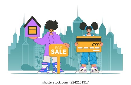 The concept Real estate home property. Guy and girl attractive realtor sells a house.