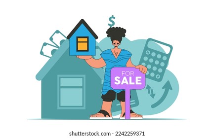 The concept Real estate home property. The realtor guy is holding a house.