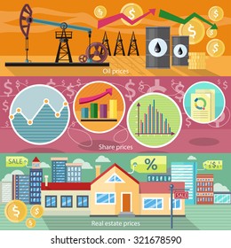 Concept of real estate price of oil and shares. Business graph, finance market, chart and diagram, industry petroleum, arrow financial, building residential house illustration