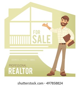 Concept of real estate services. Agent showing a house. Character man with the keys in his hands. For design of business cards, banners and advertising. Vector illustration.