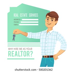 Concept of real estate services. Agent showing a house. Character man with the keys in his hands. For design of business cards, banners and advertising. Vector illustration.