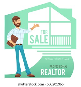 Concept of real estate services. Agent showing a house. Character man with the keys in his hands. For design of business cards, banners and advertising. Vector illustration.