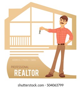Concept of real estate services. Agent showing a house. Character man with the keys in his hands. For design of business cards, banners and advertising. Vector illustration.