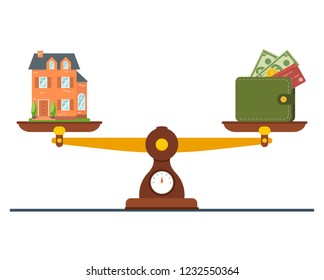 Concept of real estate trading, buying a house, selling real estate. Purchase of real estate, bidding for house, coins, keys, gavel. Vector illustration.