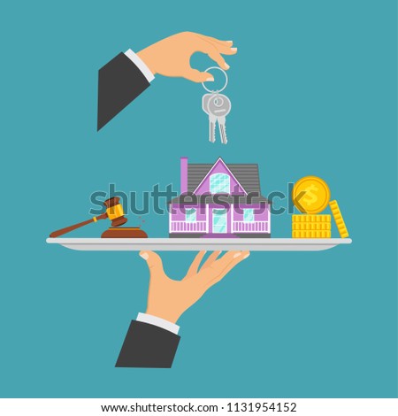 Concept of real estate trading, buying a house, selling real estate. Purchase of real estate, bidding for house, coins, keys, gavel. Vector illustration.