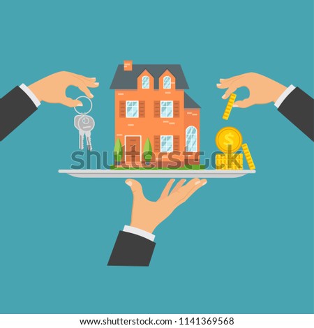 Concept of real estate trading, buying a house, selling real estate. Purchase of real estate, bidding for house, coins, keys, gavel. Vector illustration.