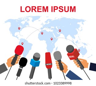 The concept of a real report. Many journalists with microphones in their hands on the background of the world map