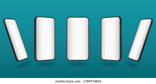 concept realistic black 3d smartphone mockup. modern mobile phone different angles views with white blank display isolated templates.