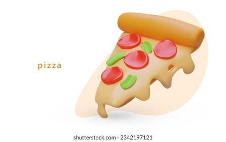 Concept with realistic illustration for pizzeria. Ordering hot dishes. Piece with crispy crust and melted cheese. Delivery of fresh pizza. Food for lunch and dinner. Image on colored background