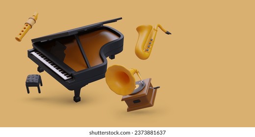 Concepto con instrumentos musicales realistas. Música clásica en vivo y escuchar grabaciones. Agradable descanso. Plantilla de vector para diseño web sobre fondo de color