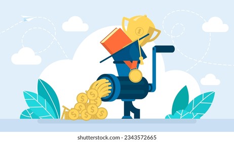 The concept of realization of knowledge, education. Achievement Award. Achieve rewards for seeking educational financial support. Graduation cap, diploma. Education scholarship. Vector illustration