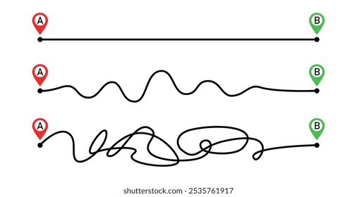 Conceito de realizar ideia com diferentes maneiras do ponto A ao ponto B movendo-se em caminhos fáceis, simples e caóticos. Metáfora de negócios de maneira fácil ou difícil. Pesquisando problema de solução 