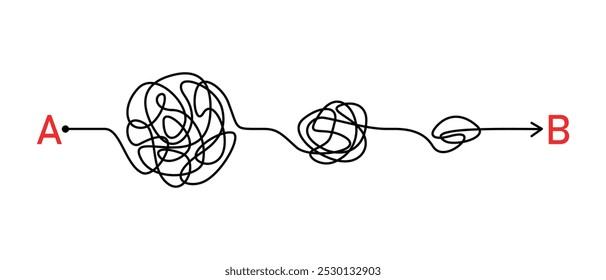 Concept of realizing idea from point A to point B moving in hard, chaos paths. Business metaphor easy way or hard way. Searching solution problem 