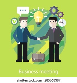 Concept of reason for a business meeting. Exchange of ideas. Two businessmen are talking. For web design, analytic, graphic design, in flat design style.