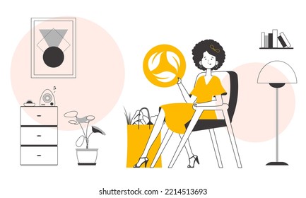 The concept of reasonable consumption. Girl, package with products and eco logo. Lineart trendy style.