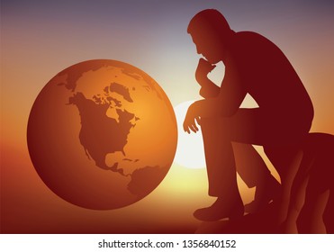 Concept of the reasoned protection of the environment with a man who looks at the planet earth while taking the pose of the thinker of Rodin.