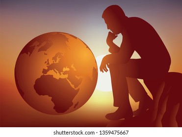 Concept of the reasoned protection of the environment with a man who looks at the planet earth while taking the pose of the thinker of Rodin.