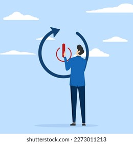 Concept of rebooting business or career, businessman carefully reaching his finger to press reboot or restart button, refreshing work energy or restarting new journey, change to increase output.