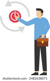 Concept of rebooting business or career, businessman carefully reaching his finger to press reboot or restart button, refreshing work energy or resuming the new journey, changes to increase output.