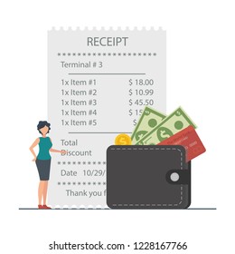 The concept of receiving a check about payment in the store. Receipt from the store, Receipt icon, paper receipt. Vector illustration.