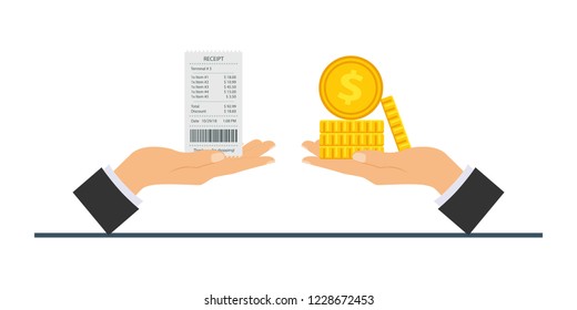 The concept of receiving a check about payment in the store. Receipt from the store, Receipt icon, paper receipt. Vector illustration.
