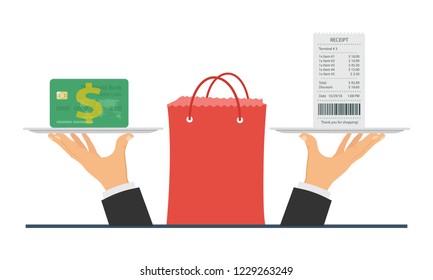 The concept of receiving a check about payment in the store. Receipt from the store, Receipt icon, paper receipt. Vector illustration.