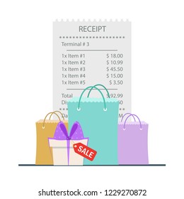 The concept of receiving a check about payment in the store. Receipt from the store, Receipt icon, paper receipt. Vector illustration.