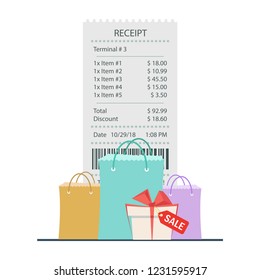 The concept of receiving a check about payment in the store. Receipt from the store, Receipt icon, paper receipt. Vector illustration.