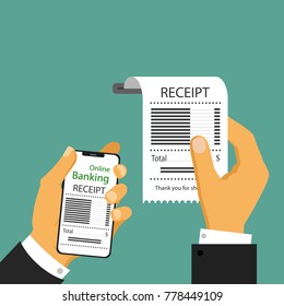 The concept of receiving a check about payment. Receipt icon, paper receipt, invoice sign, financial check. Vector illustration in a flat style.