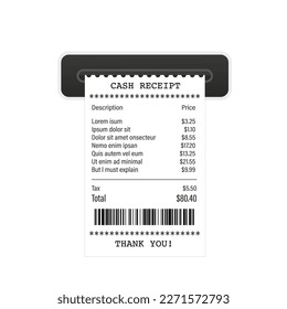 Concepto de recibir un cheque de pago. Recibos de ventas realistas, recibos de efectivo. Grabar la recepción silenciosa de la tienda con un código de barras. Plantilla de billetes de cajero automático o cheque financiero en papel de restaurante. Ilustración del vector