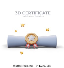 Concept of receiving important document, certificate. Scroll with color 3D seal