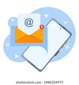 Concepto de recibir notificaciones de mensajes en el teléfono móvil. App móvil, email marketing, boletín entrante, nueva notificación de correo electrónico, burbuja de dibujos animados con notificación de correo electrónico. Ilustración vectorial plana.