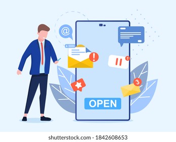 Concept of receiving notifications. Man use smartphone for communication with people. Mail, social network, internet. Can be use for web, ui, banner, flyer, poster, template. Vector illustration