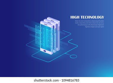 Concept of receiving, processing, and transmitting data by a mobile device. Isometric vector illustration