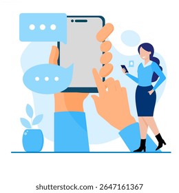 The concept of receiving and sending messages. Illustration of messages on a mobile phone with characters.