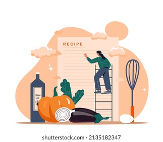 Concept of recipes. Girl fills in list of products, vegetarianism and large set of dishes. Novice cook, girl in kitchen, information on Internet, online courses. Cartoon flat vector illustration