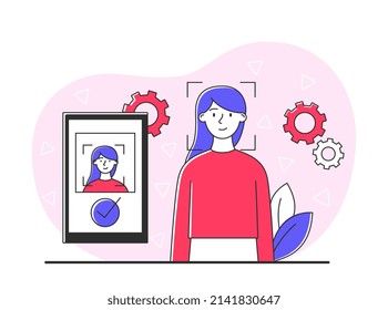 Concept of recognition. Phone identifies user, personal data protection and verification. Modern technologies and methods of protection against hacking, biometrics. Cartoon flat vector illustration