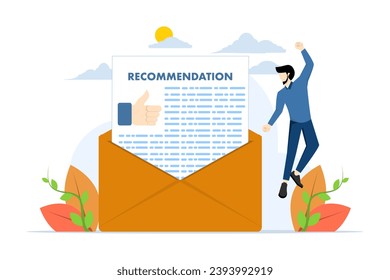 concept of recommendation letter, educational award, award document for applying for a new job, guarantee of experience or qualifications, businessman with recommendation letter in email envelope.